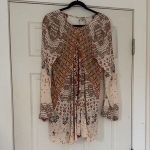 Free People Long Sleeve Floral Dress - Cream and Brown
